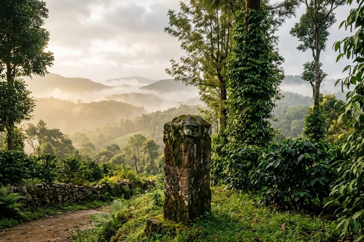 Traditional Jamma Bane land boundaries, coffee hills and ancient survey stone in Kodagu