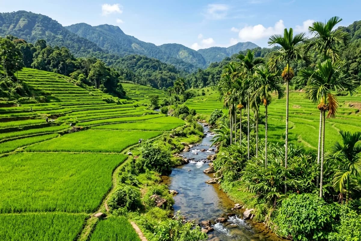 Agricultural farmland, paddy terraces and arecanut groves in Coorg