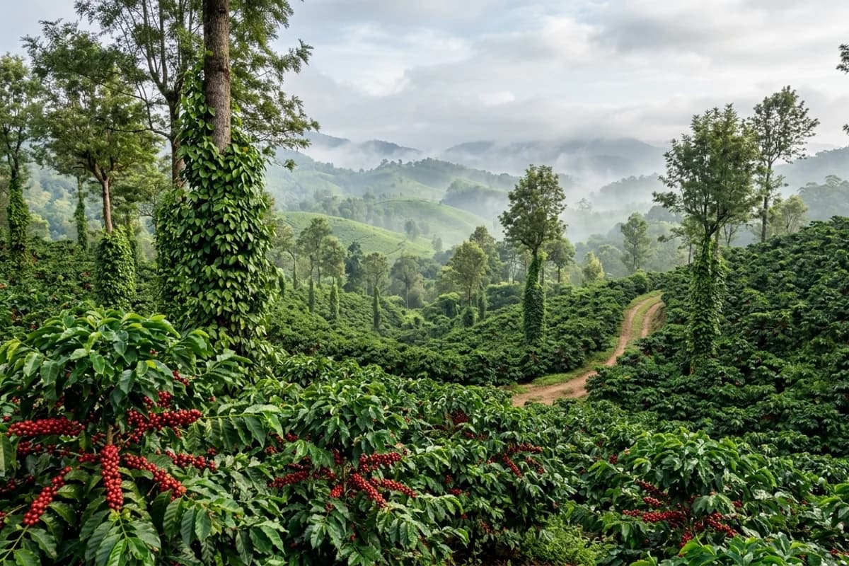 Coffee estate plantations in Coorg with shade trees and pepper vines