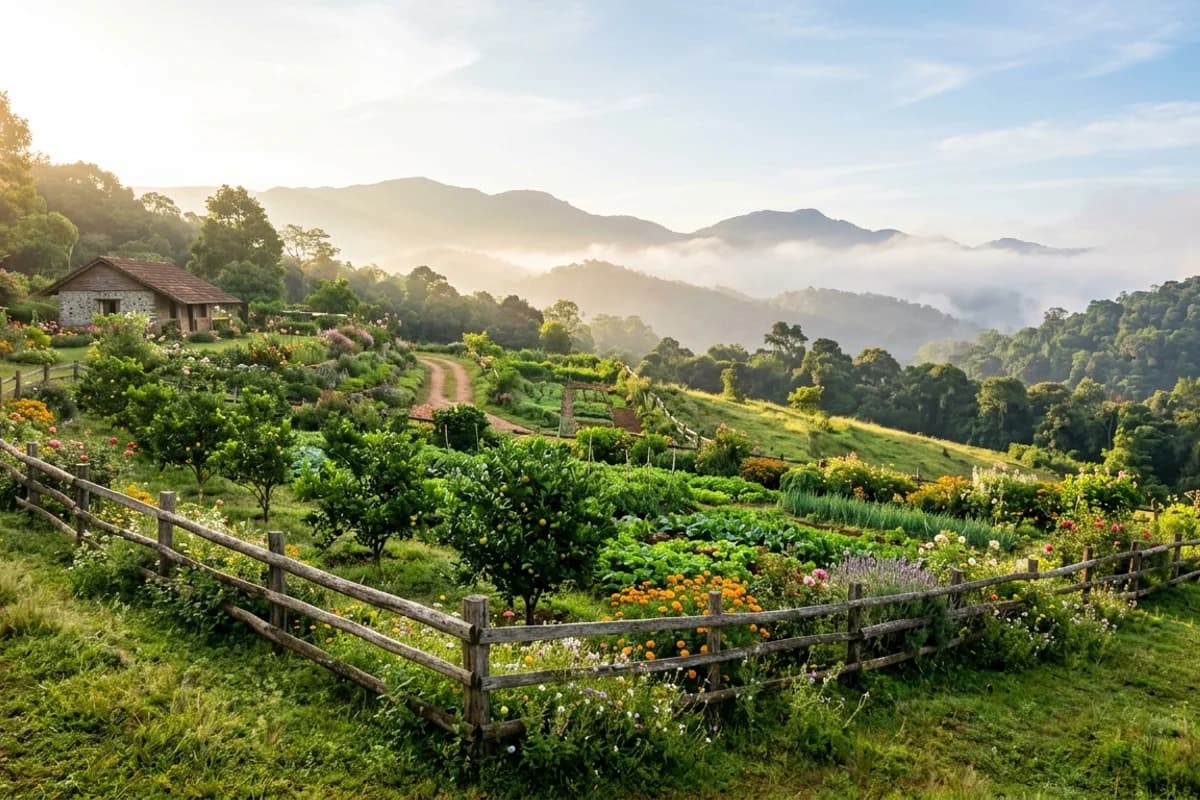 Scenic farm land holding with orchards and mountain views in Kodagu